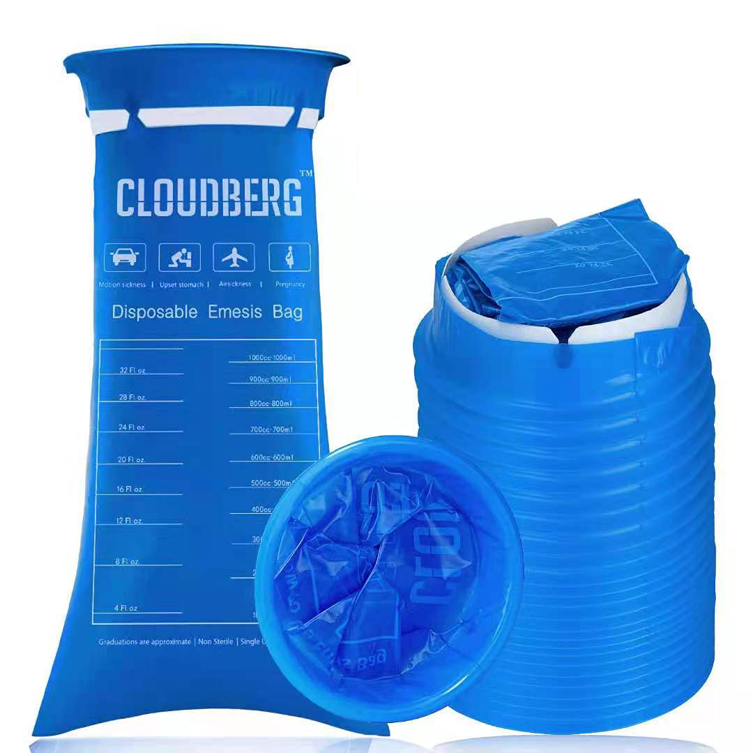 Cloudberg pregnancy morning sickness bags highlighting the leak proof durable material construction.
