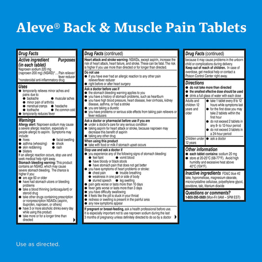 Aleve naproxen sodium 220 mg tablets 150 count total pack showing product label side directions