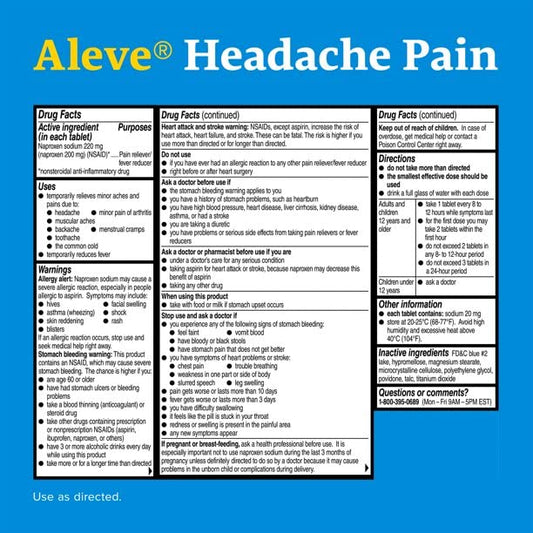Aleve naproxen sodium 220 mg 12 hour pain relief tablets label details