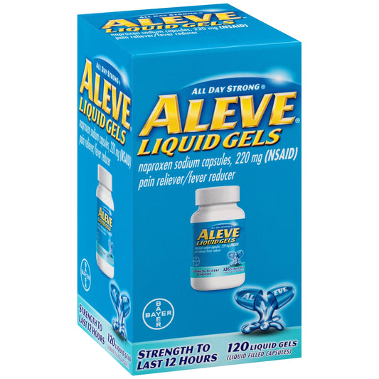 Bayer Aleve 220 mg liquid capsules showing 12 hour dosage instructions