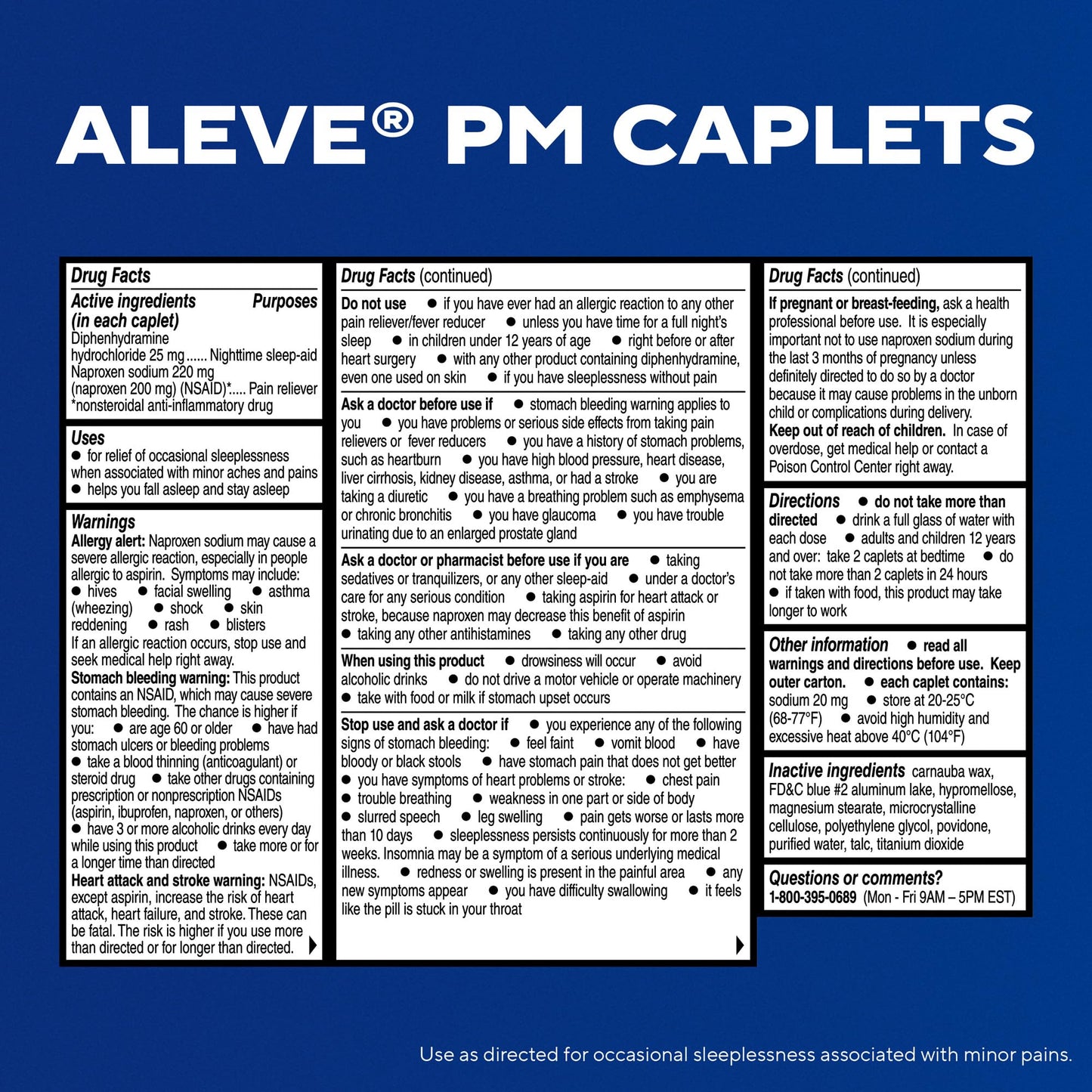 Aleve PM 120 count bottle displaying drug facts and warnings panel