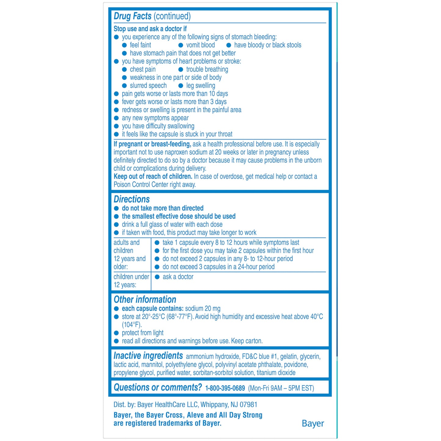 Full packaging display of Aleve Liquid Gels 220 mg showing the complete 120 capsule count supply.