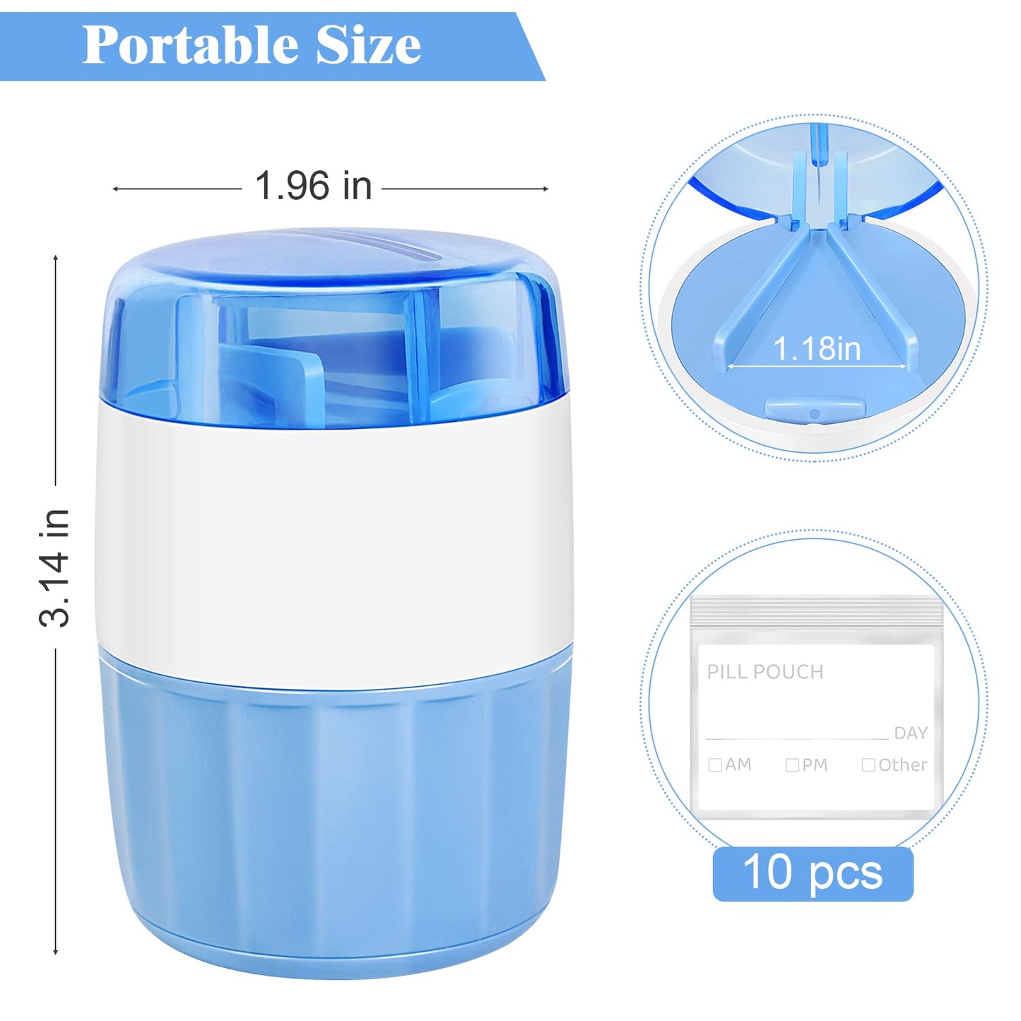 Fullicon travel friendly pill crusher cutter displaying durable food grade material components exploded view.