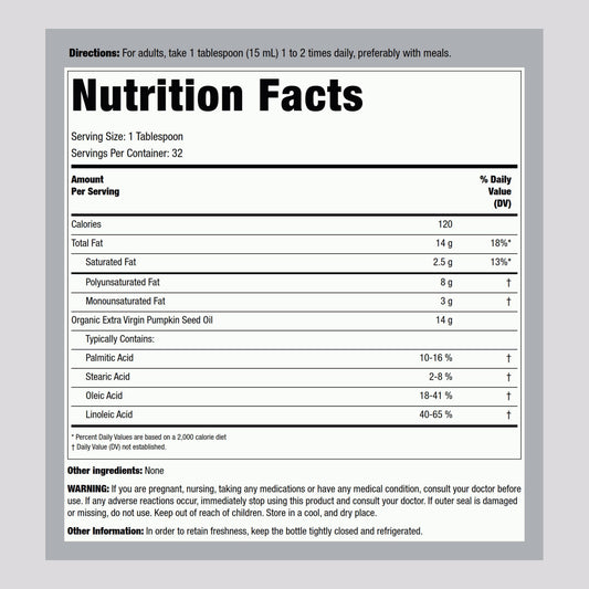 Piping Rock cold pressed pumpkin seed oil liquid supplement nutrition facts label