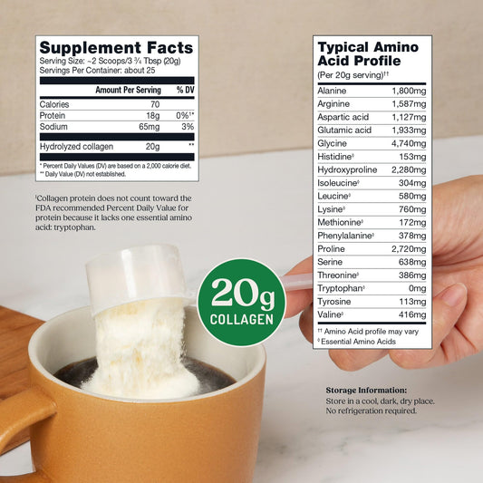 Bulletproof unflavored collagen protein powder packaging highlighting 20 grams of grass-fed collagen.