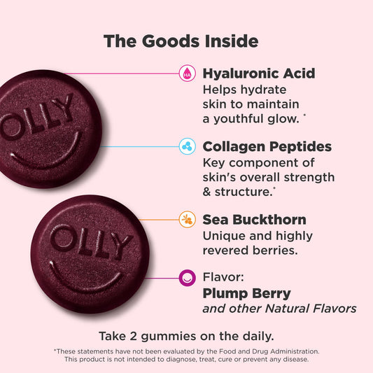 OLLY skin hydration beauty gummies packaging highlighting hyaluronic acid and collagen peptides