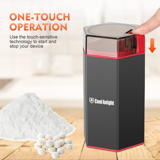 Automatic medication pulverizer showing 304 stainless steel blade interior setup