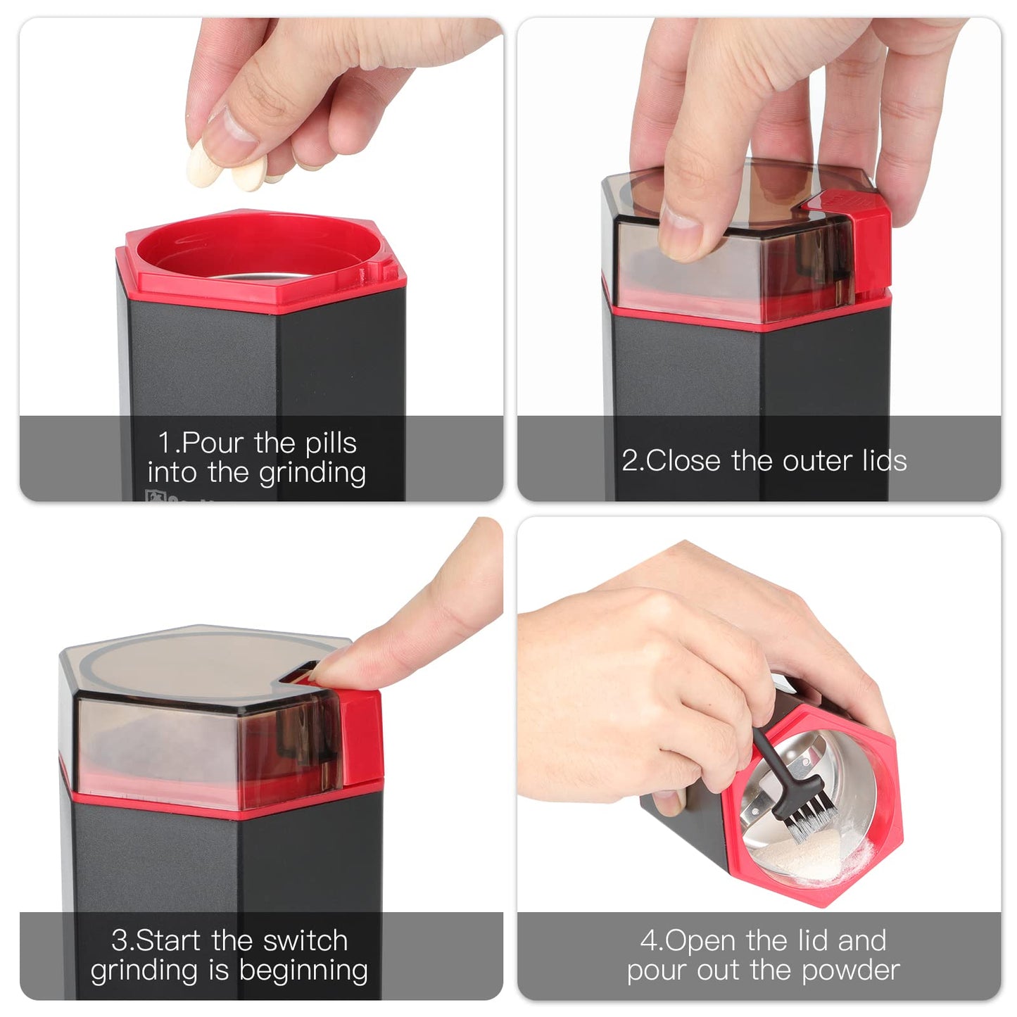 Removable power cord separated from portable electric pill grinder for easy storage
