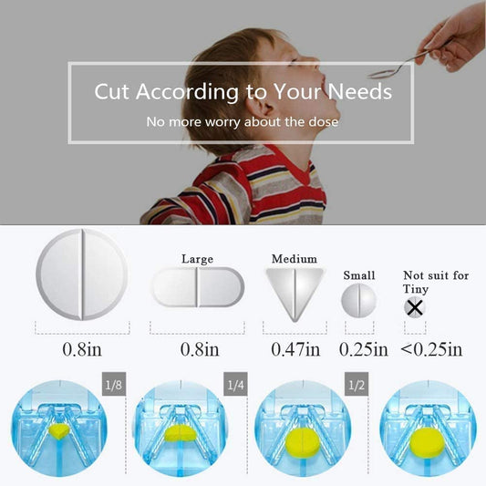 V-shaped tablet splitter mechanism holding a supplement securely for precise dosage cutting.