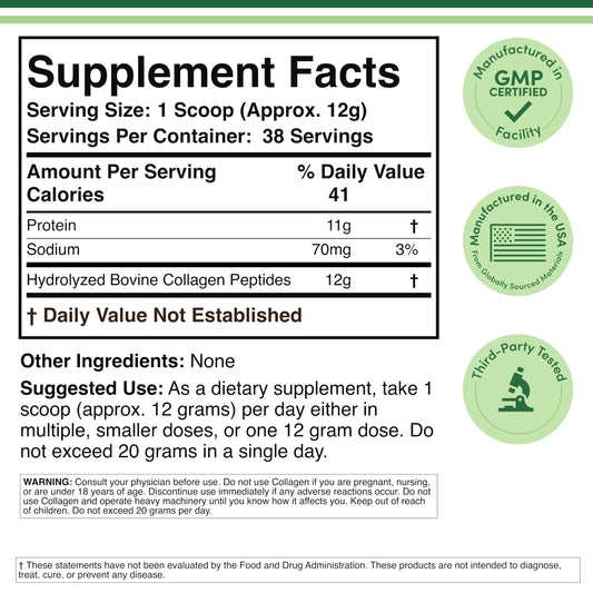 Double Wood Hydrolyzed Collagen Peptides 16.08 Ounce supplement facts panel