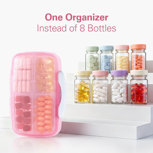 Barhon pocket pharmacy showing eight open interior compartments filled with sorted capsules