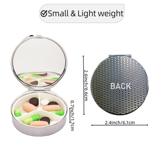 Open view of the compact travel pill organizer revealing three internal compartments and built in mirror