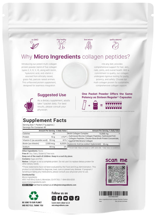 Hydrolyzed multi collagen protein packets showing types one two three five and ten collagen ingredients.