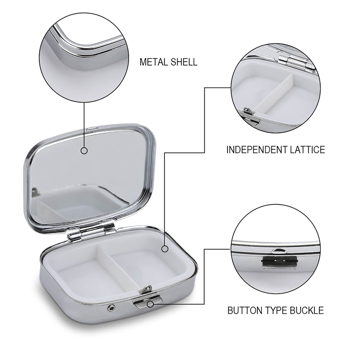 Generic slim metallic daily tablet storage case placed next to a handbag wallet