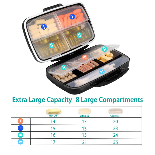 Oversized portable vitamin holder with eight separate compartments open for sorting