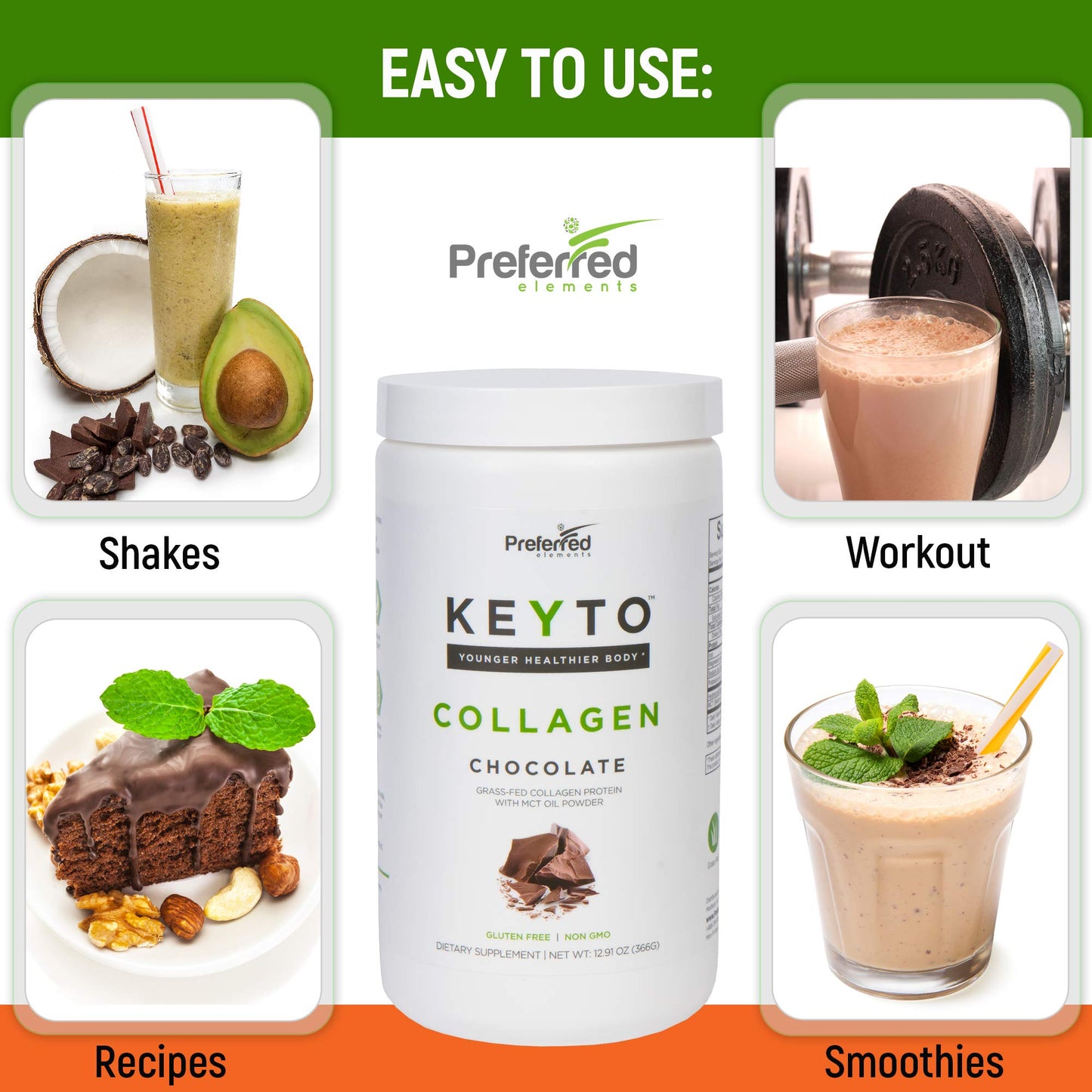 Preferred Elements authentic USA imported keto collagen protein powder packaging graphic detailing electrolyte balance.
