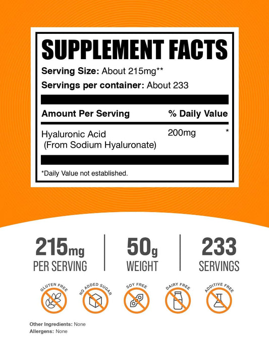 BulkSupplements Hyaluronic Acid Powder Supplement Facts Label