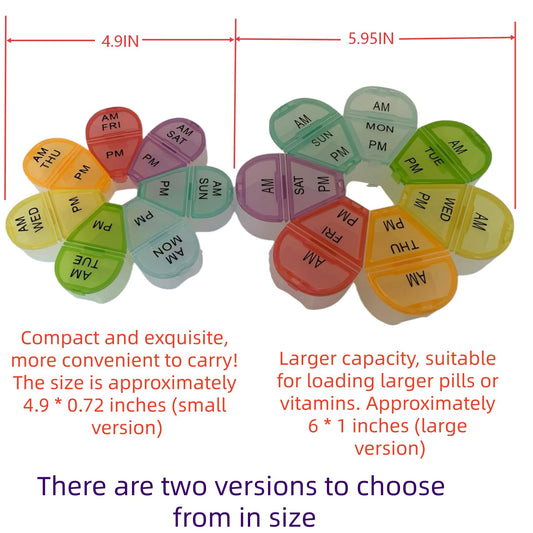 Zhengyuan weekly medication box with open lids displaying the fourteen translucent color-coded compartments