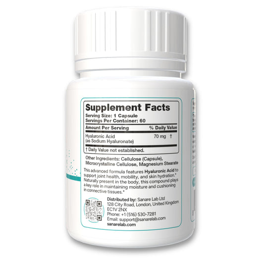 Sanare Lab oral hyaluronic acid supplement packaging showing supplement facts and dietary attributes.