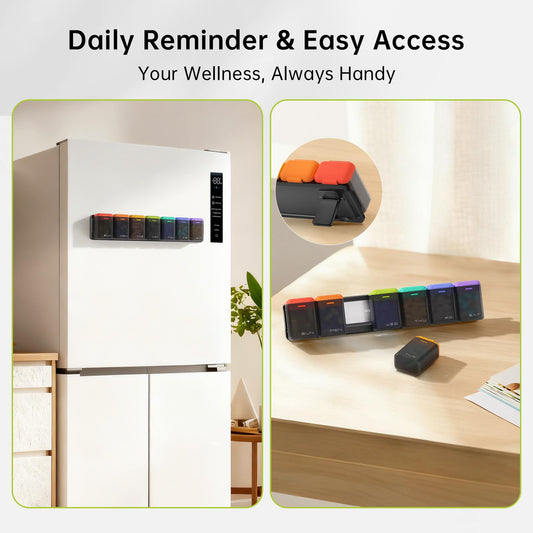 KOVIUU 7 day medication dispenser showing individual detachable color-coded daily pods.