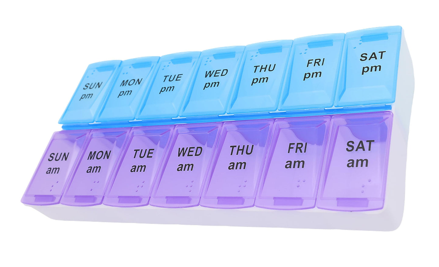 ShysTech weekly tablet storage container showcasing lightweight build and durable food-grade plastic.