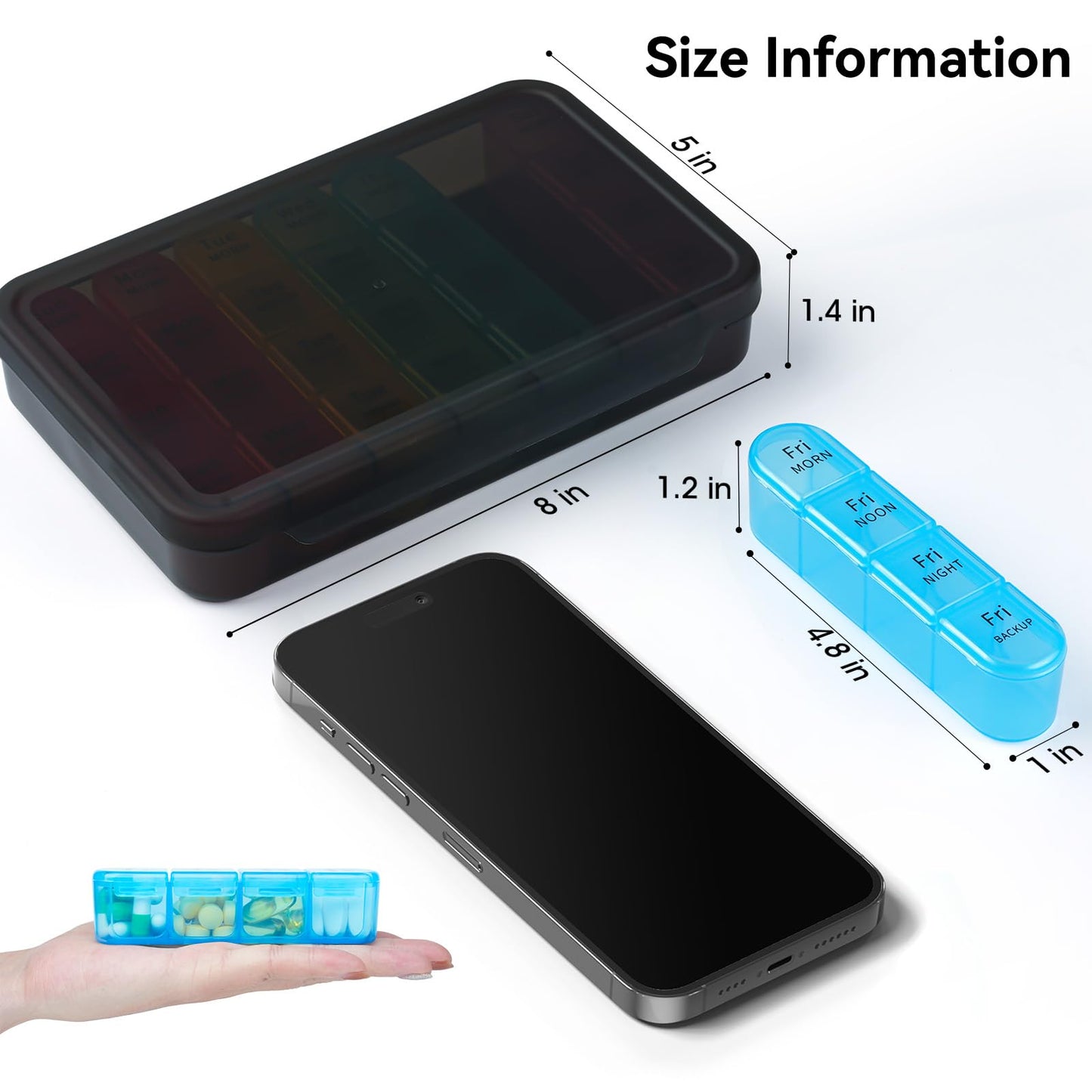 Compact seven day medicine tracking system showing high contrast smudge proof print markings