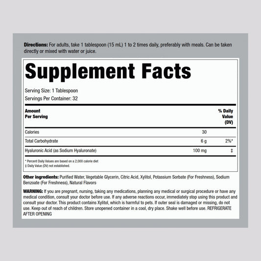 Piping Rock Liquid Hyaluronic Acid 100 Milligram vegetarian formula supplement facts label