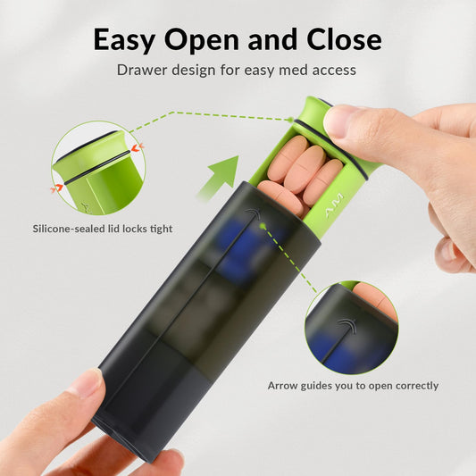 Detachable seven day medication container with black buckle base removed