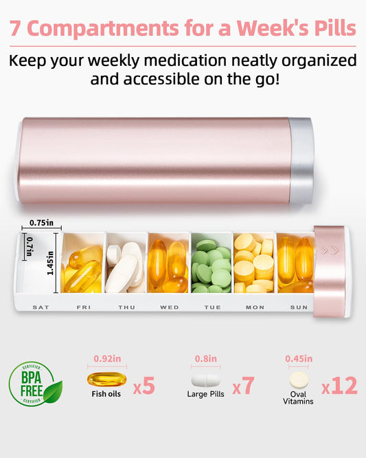 Betife slide out drawer pill case showing seven individual daily medicine compartments