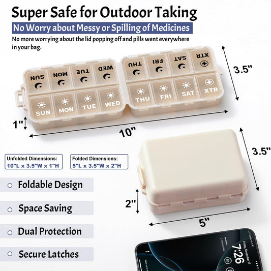 LANDNEOO portable 7 day AM PM medicine box opened flat showing 14 daily slots and clear printed labels.