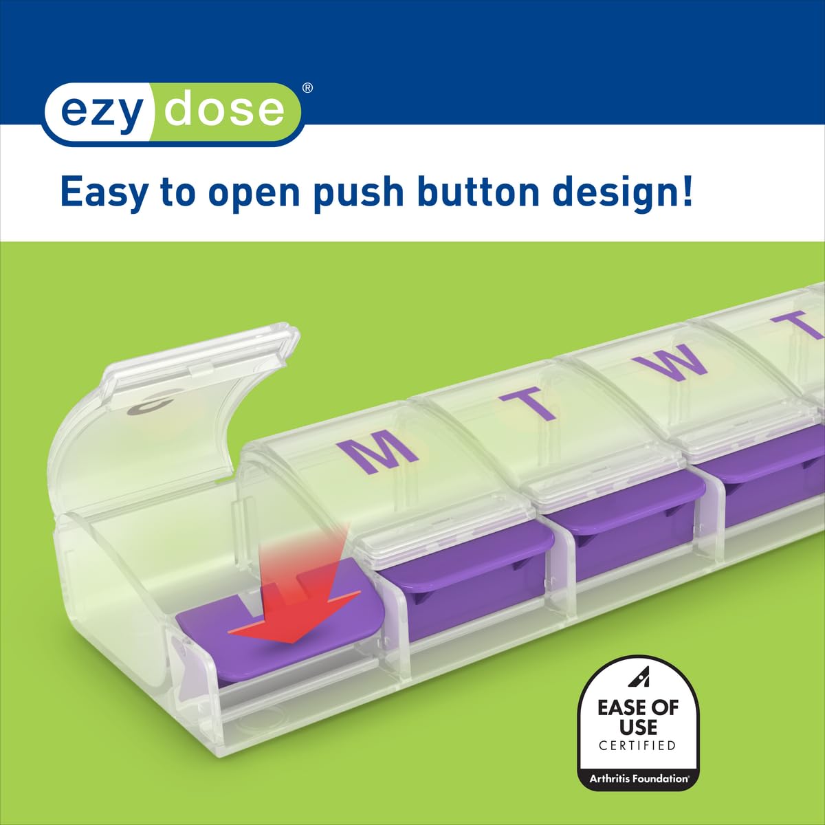 Full packaging view of the authentic Ezy Dose Weekly Seven Day Push Button Pill Case.