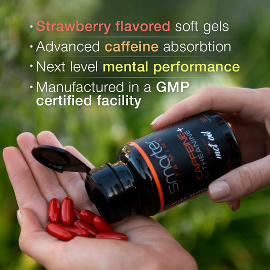 SmarterVitamins Caffeine and L-Theanine one hundred fifty liquid softgels packaging showing supplement facts