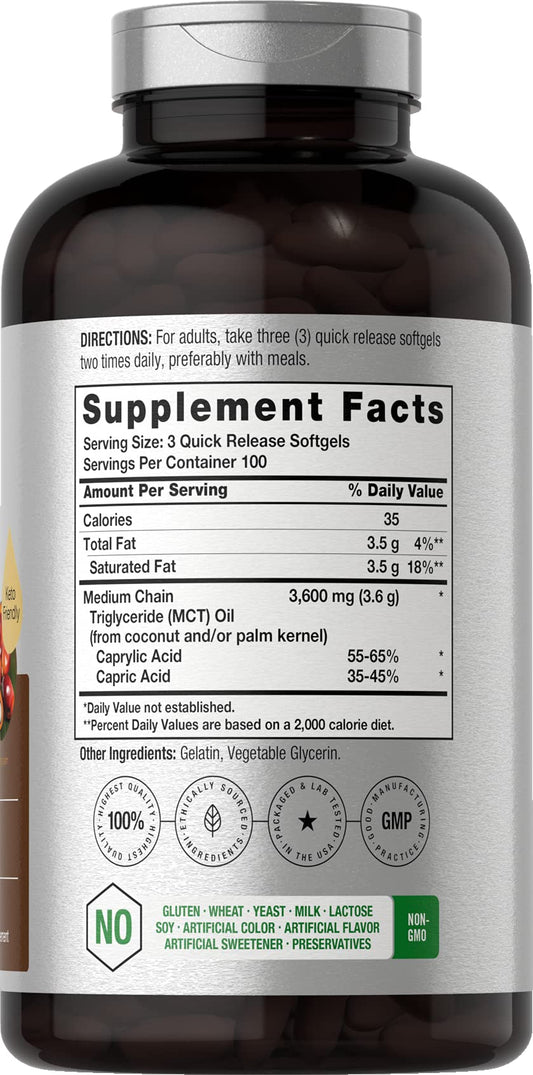 Horbäach medium chain triglyceride supplement bottle highlighting the 3600 mg high potency per serving label.