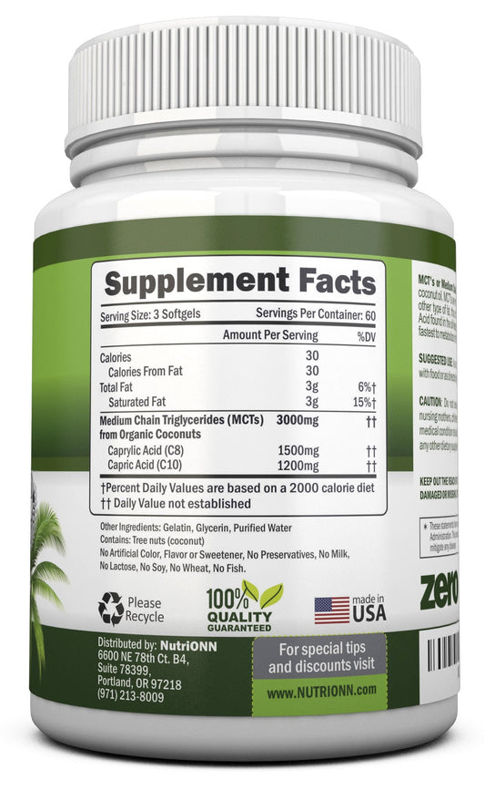 NutriONN coconut medium chain triglycerides 180 softgels nutritional facts panel