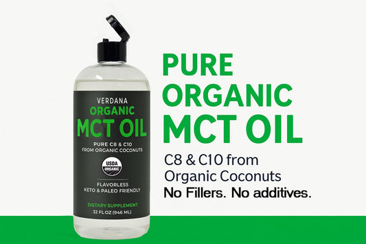 Verdana Organic MCT Oil ingredients label showing C8 and C10