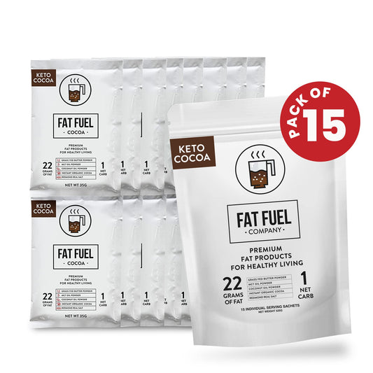 The Fat Fuel Company Instant Keto Cocoa single serve sachet alongside a prepared hot chocolate mug