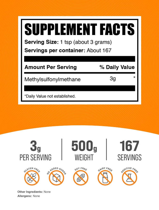 Pure unflavored methylsulfonylmethane powder showing fine white crystalline texture.