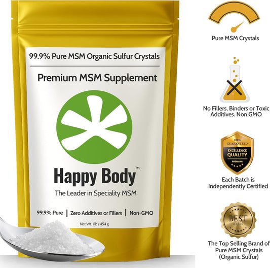 Happy Body pure Methylsulfonylmethane crystal flakes closeup showing clear texture