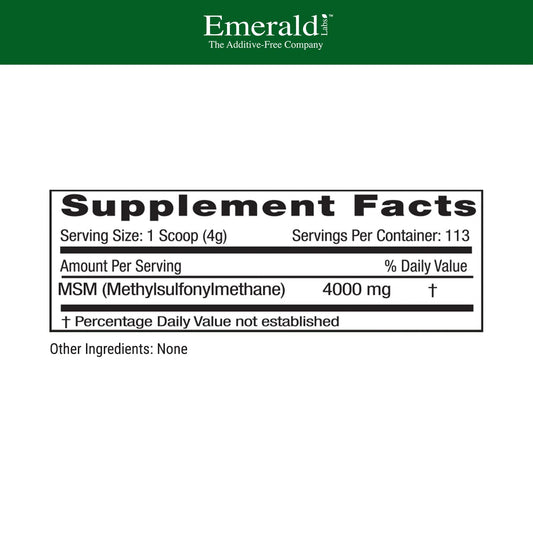 Emerald Labs Methylsulfonylmethane plant sourced dietary supplement powder container showing ingredient purity.