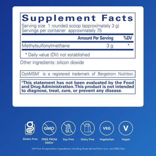 Pure Encapsulations hypoallergenic organic sulfur powder supplement label showing ingredients