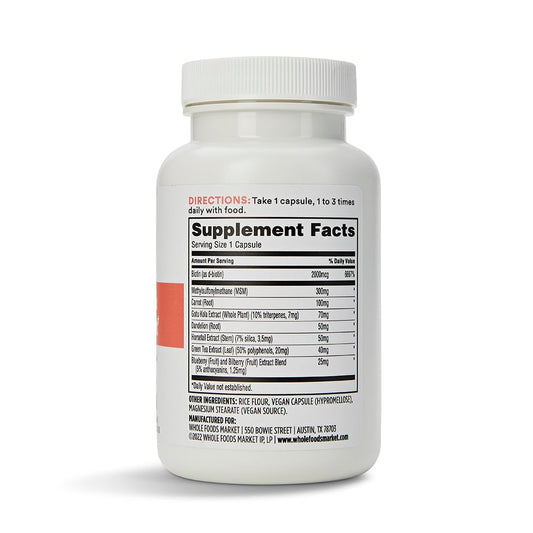 Side view of 365 Whole Foods Hair Skin and Nails supplement bottle highlighting clean ingredients, MSM blend, and GMP certification details