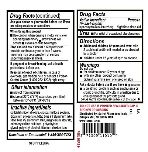 Safrel diphenhydramine hydrochloride 25mg container showcasing the 600 count volume.