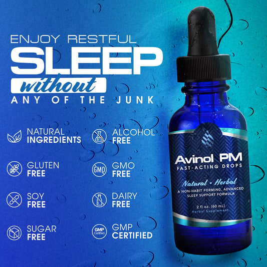 Avinol PM liquid sleep aid bottle showing supplement facts and five milligrams melatonin dosage
