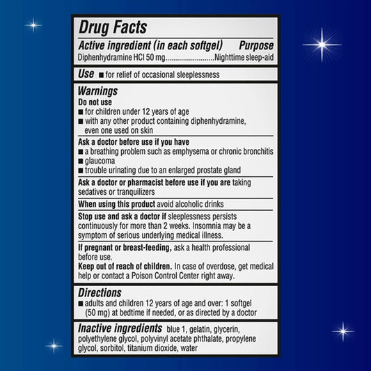 Unisom liquid filled softgels bottle showing clear dosage directions and fifty milligram ingredient facts