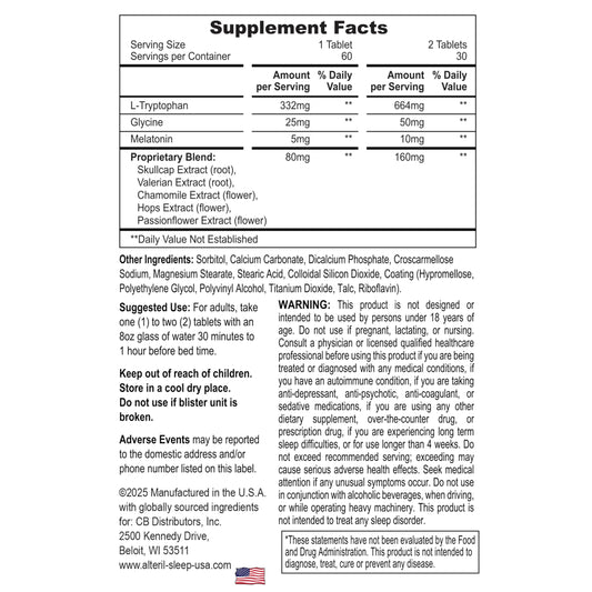 Alteril three pack sleep supplement bottles displaying ingredient breakdown and dosage instructions.