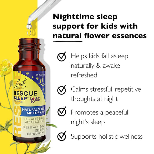 Rescue Sleep Kids homeopathic liquid dropper bottle packaging detailing alcohol free formula ingredients