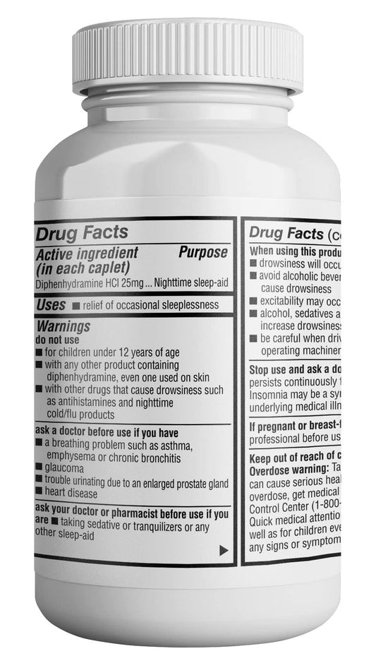 Side angle of HEALTH LFE diphenhydramine hydrochloride twenty-five milligram nighttime sleep support bottle showing drug facts label.