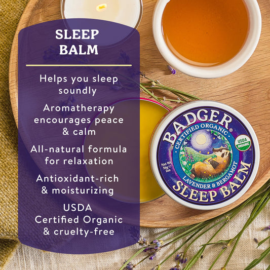 Badger Lavender and Bergamot Sleep Balm close up of the organic packaging