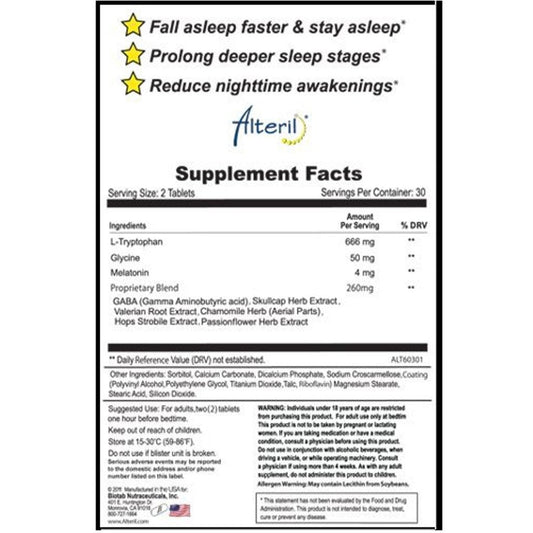 Alteril All Natural Sleep Aid dietary supplement packaging highlighting drug free ingredients list and nutritional facts label