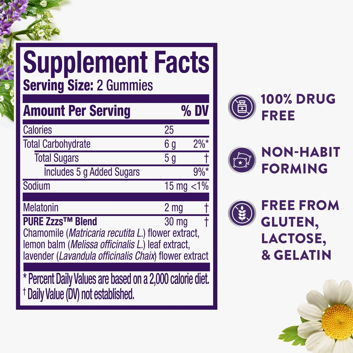 Vicks ZzzQuil Pure Zzzs chamomile and lavender blend product certification label